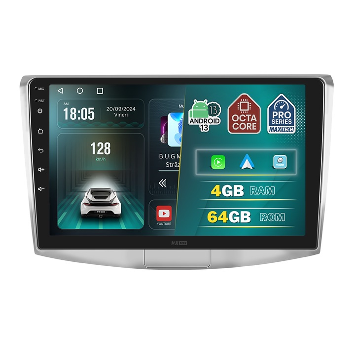 Navigatie Volkswagen Passat B6, B7, CC 2005 - 2012 dedicata, MaxTech® PRO SERIES, 4 GB Ram 64 GB Rom OctaCore, Carplay & Android auto, Ecran 10 ” HD Touch, GPS, Wifi, Bluetooth, Radio, USB, EQ, Waze