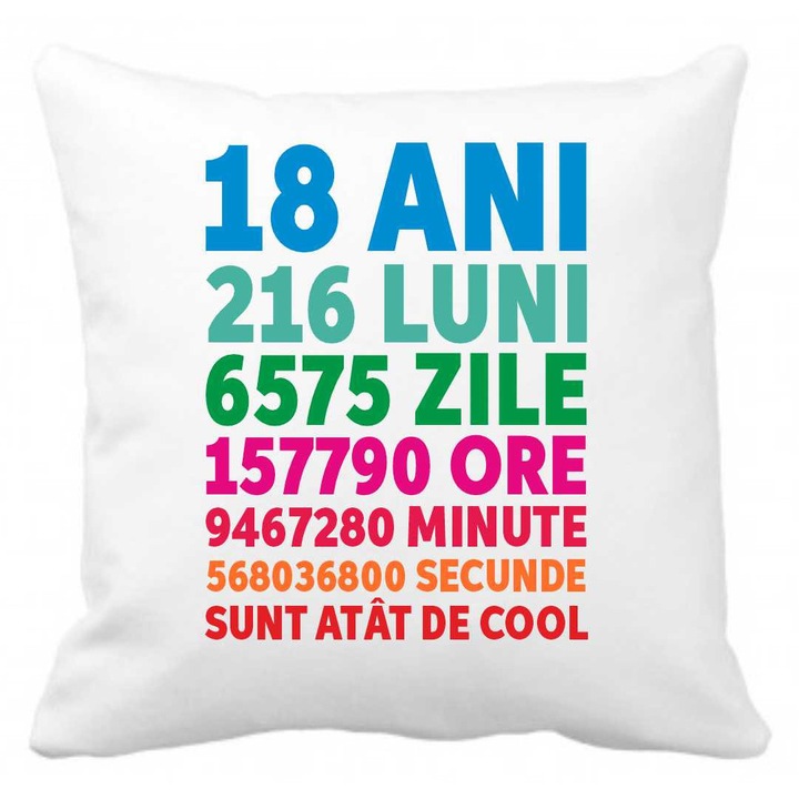Perna personalizata cu textul "18ANI 216LUNI....", 40 x 40 cm, poliester, alba, CRD PRINT, 330ml, alba