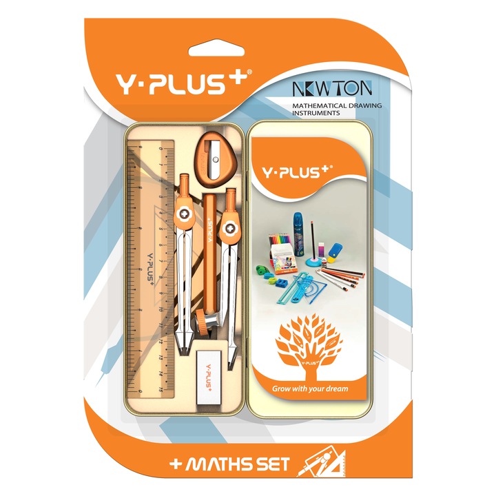 Trusă geometrică Y-Plus Newton, 12 instrumente esențiale, cutie metalică