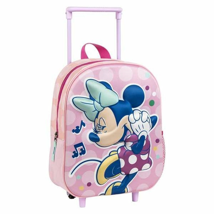 Ghiozdan 3D cu roti Minnie Mouse, roz, 25x31x10 cm, pentru copii +3 ani