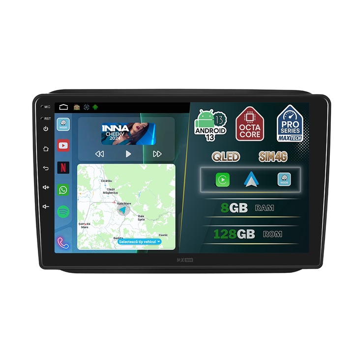 Navigatie Skoda Fabia 2, Roomster 2007-2015 dedicata, MaxTech® PRO SERIES, 8 GB Ram 128 GB Rom OctaCore, Carplay & Android auto, Ecran 10” HD Touch, SIM 4G, GPS, Wifi, Bluetooth, Radio, EQ, Waze