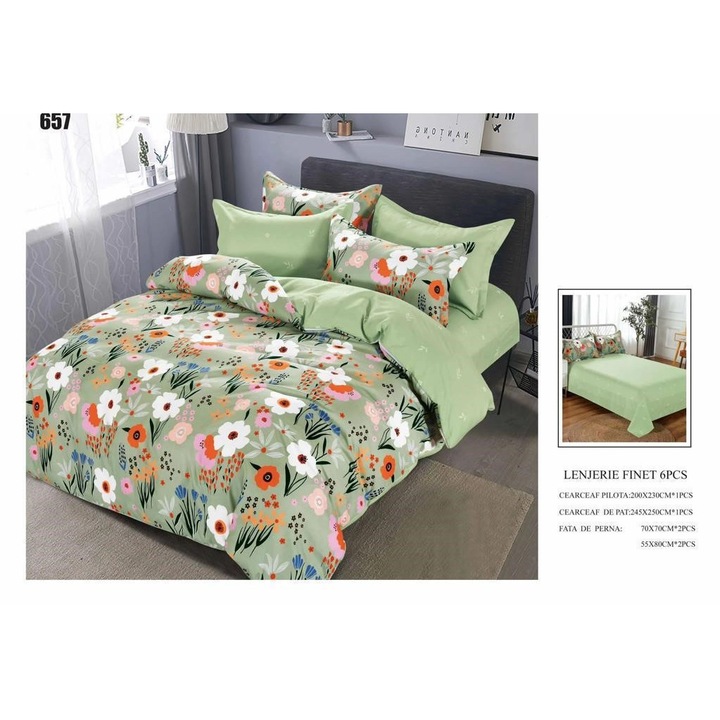 Lenjerii de pat F14, set 6 piese, finet, verde floral