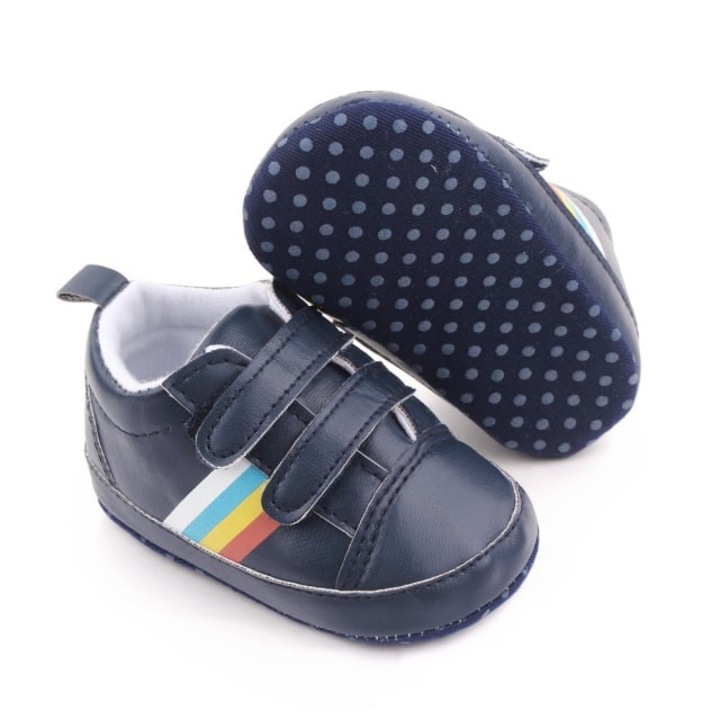 Pantofi sport SuperBaby, Model AL 16340 cu dungi multicolore, pentru bebelusi, Piele ecologica, Bleumarin, Bleumarin