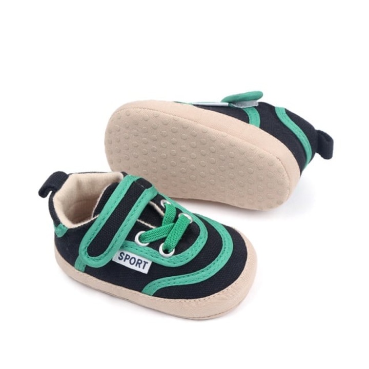 Pantofi sport SuperBaby, Model AL 16210 cu insertii verzi, pentru bebelusi, Textil, Negru, Negru