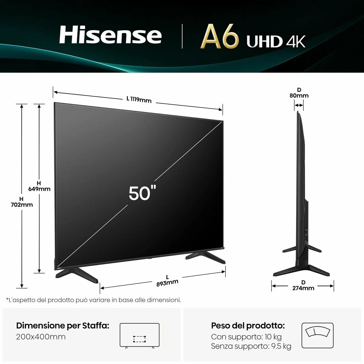 Televizor Smart LED 50" Hisense 50A6Q, 4K Ultra HD, Negru, 20W RMS