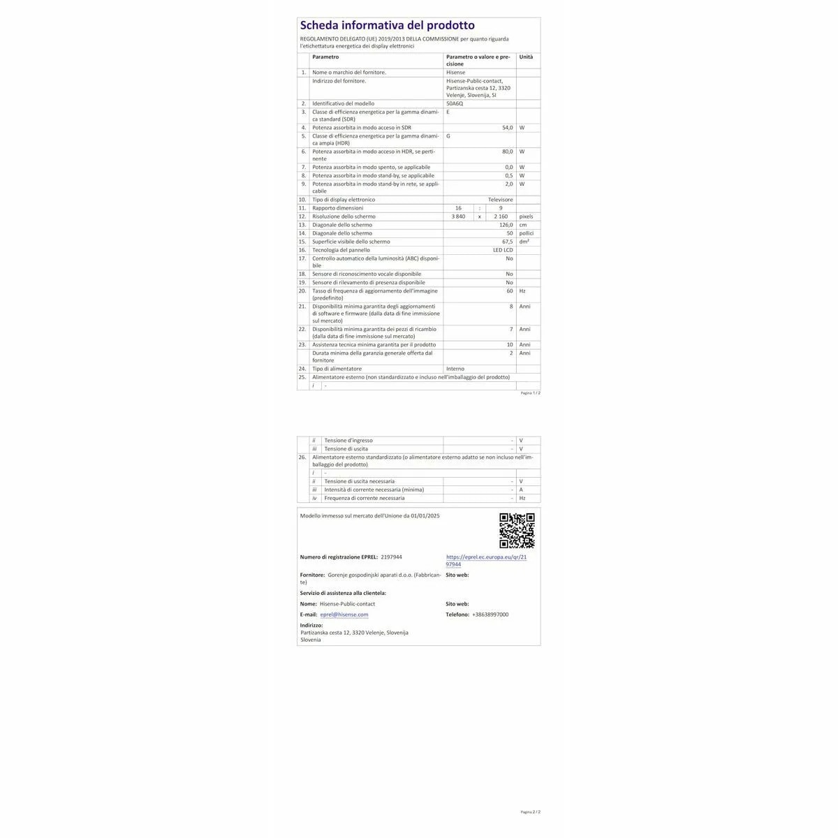 Televizor Smart LED 50" Hisense 50A6Q, 4K Ultra HD, Negru, 20W RMS