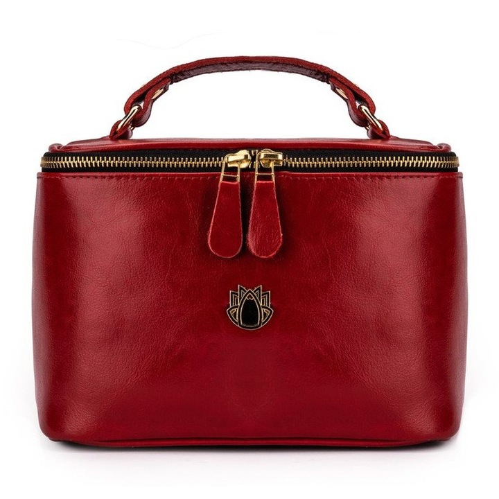 Дамска козметична чанта от кожа Solier, червена, 16x22.5x15см, множество отделения