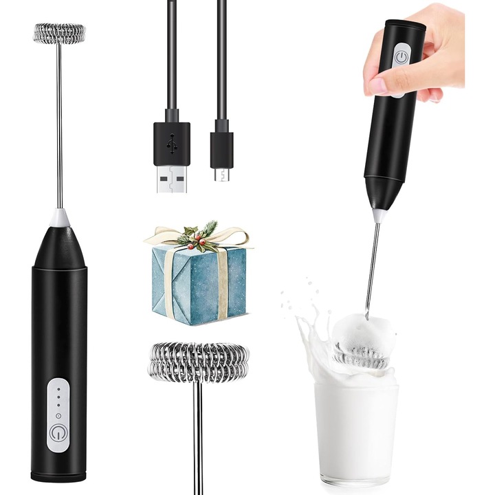 Mixer spumator de lapte reîncărcabil USB, 3 viteze, negru