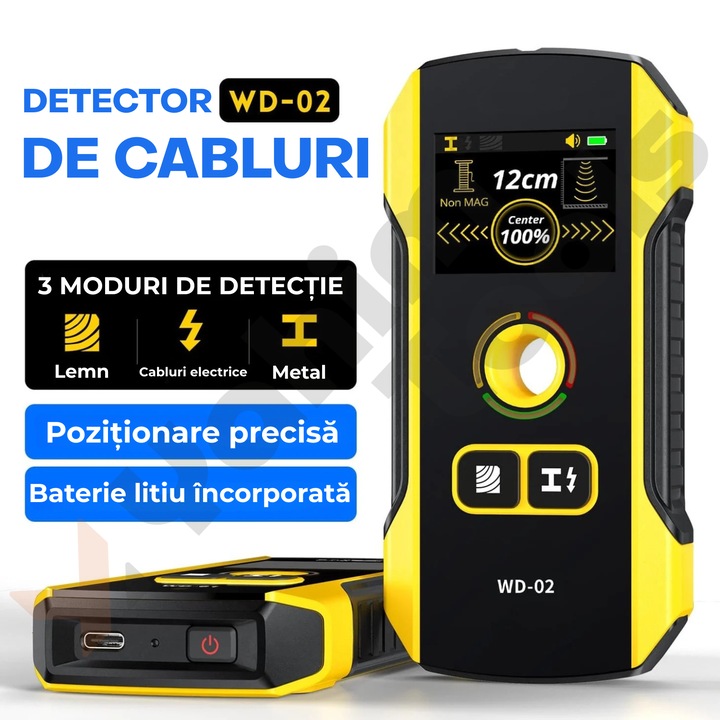 Detector Digital de Cabluri, Lemn si Tevi in Pereti, Yahim Tools®, WD-02, Adancime Detectare 120mm, Ecran TFT Digital, Acumulator Li-ion 300mAh, Incarcare Type-C, Avertizare LED, Galben