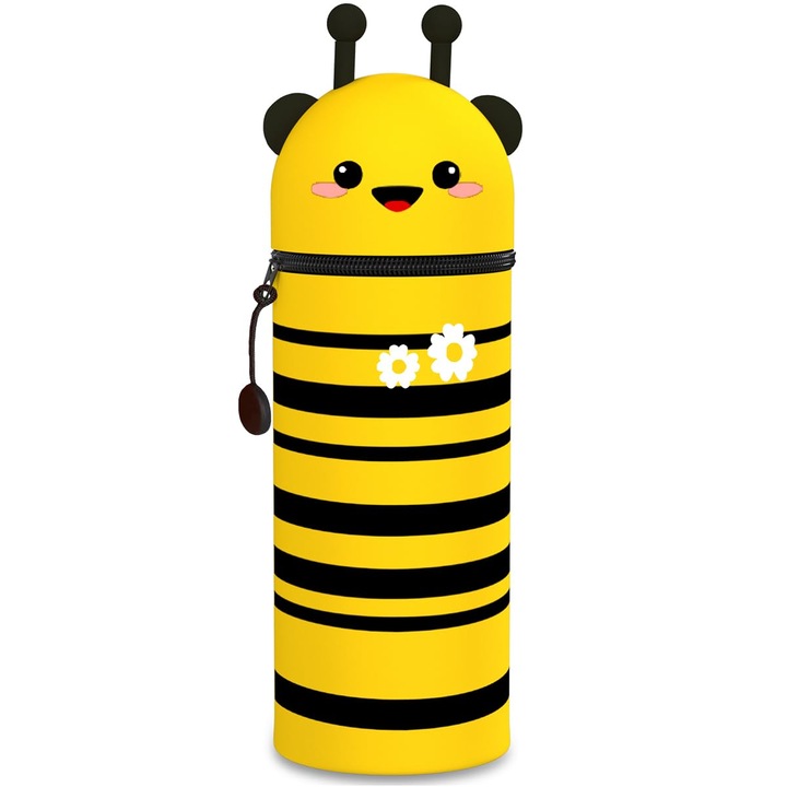 Penar pliabil din silicon, model albina, impermeabil, galben, 7x7x20cm