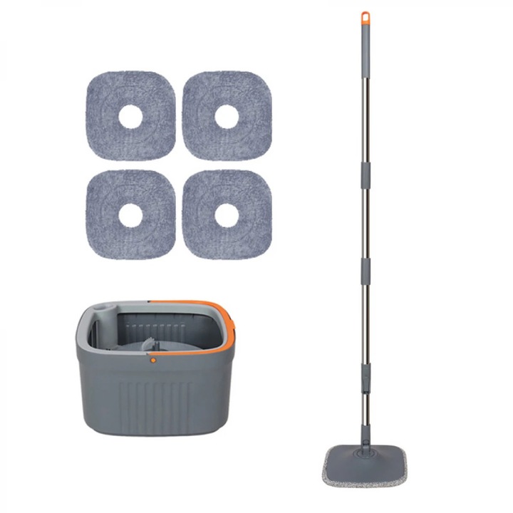 Set mop rotativ 360° cu galeata centrifuga, awwaline, gri, separare apa curata de apa murdara, sistem evacuare apa, 4 rezerve