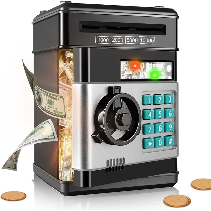 Pusculiță electronică de economii pentru copii, jucărie interactivă cu lumini și sunete, neagră