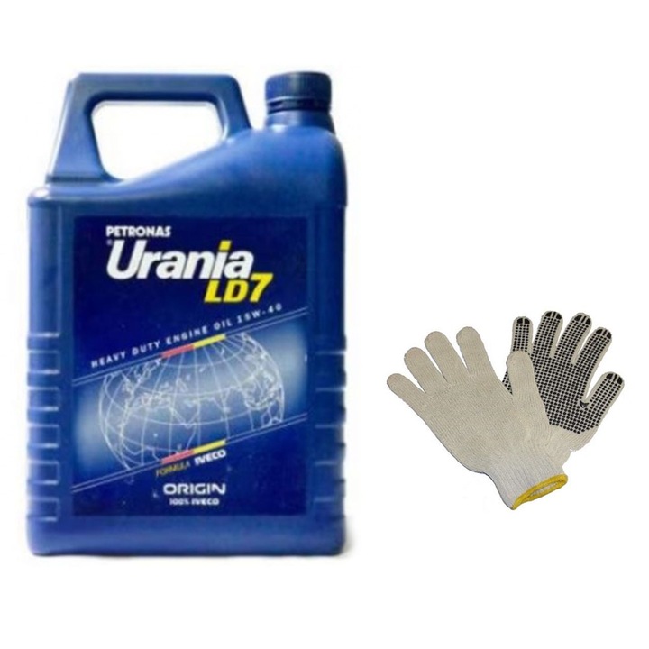 Set Ulei mineral motor Urania Formula Iveco LD7 15W40 5L si 2 Manusi de lucru cu palma intarita