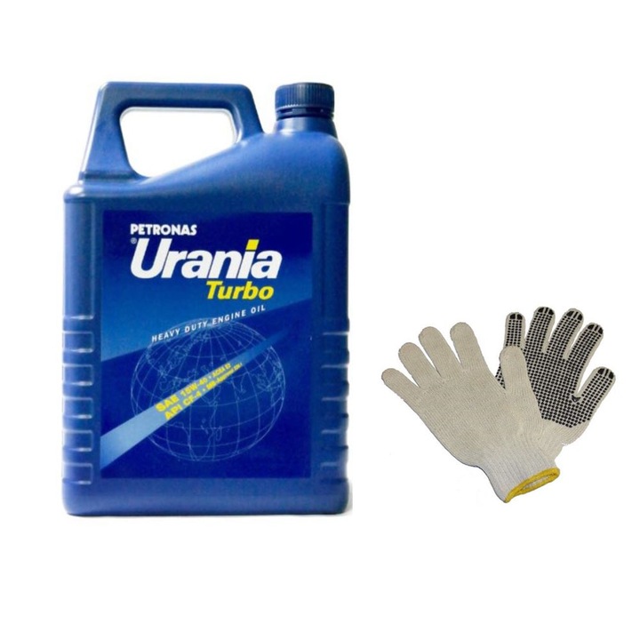 Set Ulei mineral motor Urania Turbo ACEA E2 15W40 5L si 2 Manusi de lucru cu palma intarita