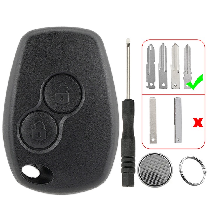 Carcasa Cheie Auto 2 butoane cu Pentru Renault Dacia Duster Sandero Logan Kangoo Clio Master Twingo Modus Trafic + Baterie + Breloc + surubelnita se potrivesc cu lama NE73/VAC102/HU136/HU136TE
