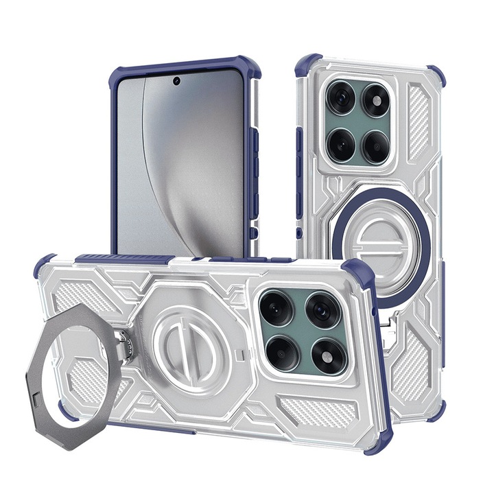 Кейс за Motorola Edge 60 Pro Carbon Shield PRO с въртящ се на 360 градуса пръстен, съвместим с Magsafe, удароустойчив, първокласно качество, Daden, син/прозрачен