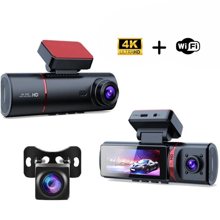 Camera Auto de Bord Tripla MGA, 4K Ultra HD Unghi Vizual 170° + camere interior + marsarier Full HD, DVR, WDR, Wi-fi integrat, Vedere Nocturna, G-Sensor, Inregistrare in Bucla, Asistenta Parcare, Ecran 3 inch, Ajustare Unghi Pozitie, Negru Antracit