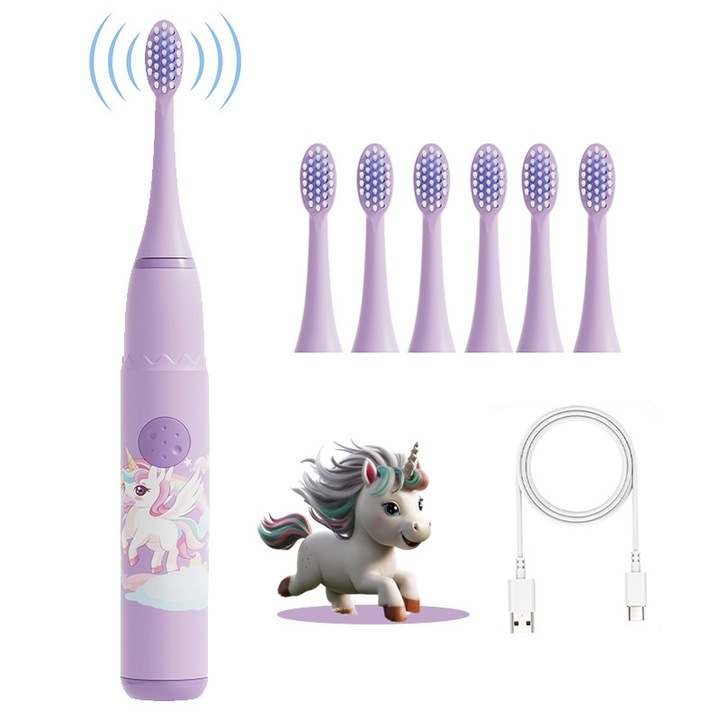 Детска електрическа четка за зъби с 4 режима, 6 сменяеми глави за четка и таймер за деца над 6 години