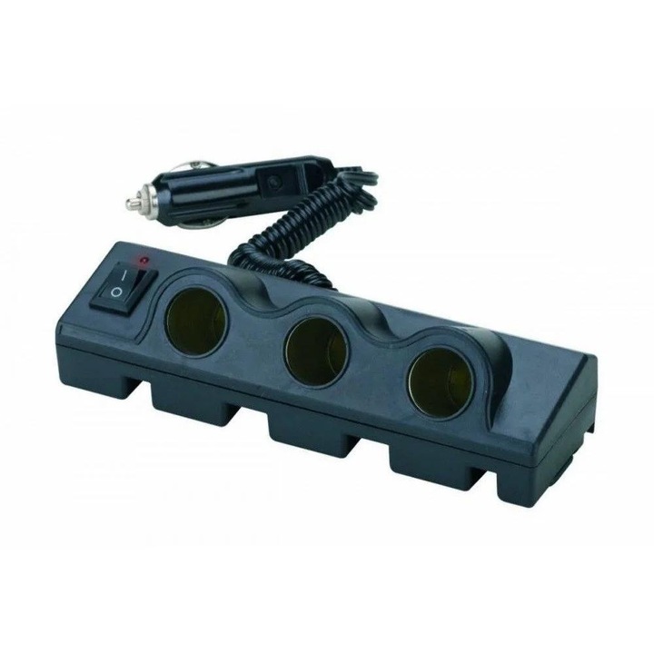 Adaptor auto cu prelungitor Bottari Triple 30073BT, intrerupator integrat, negru