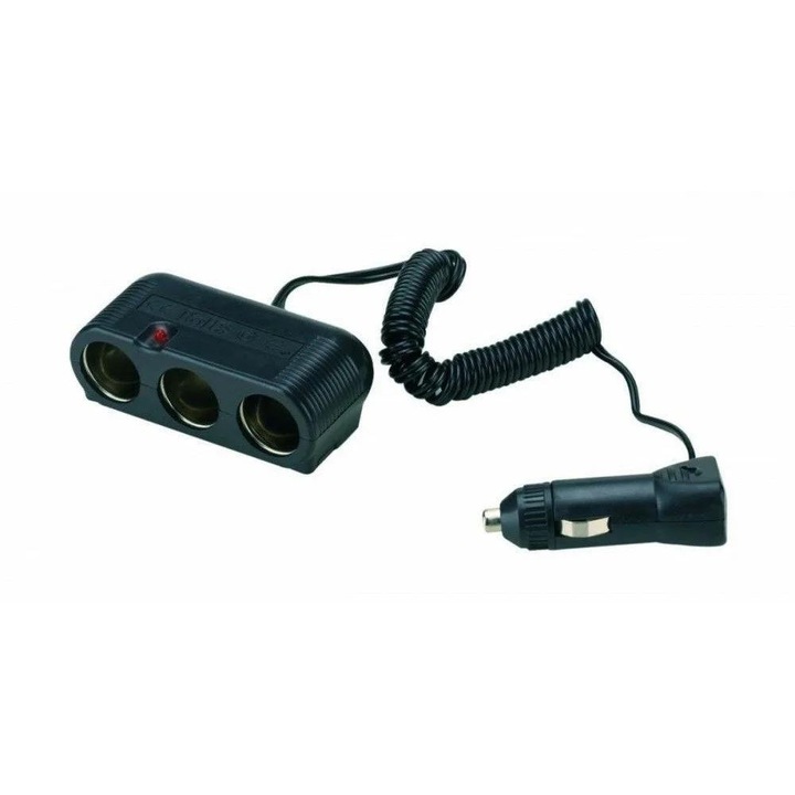 Adaptor auto cu prelungitor, BOTTARI Three Sockets 30072BT, 3 x iesiri bricheta auto, compatibil 12/24V, culoare neagra