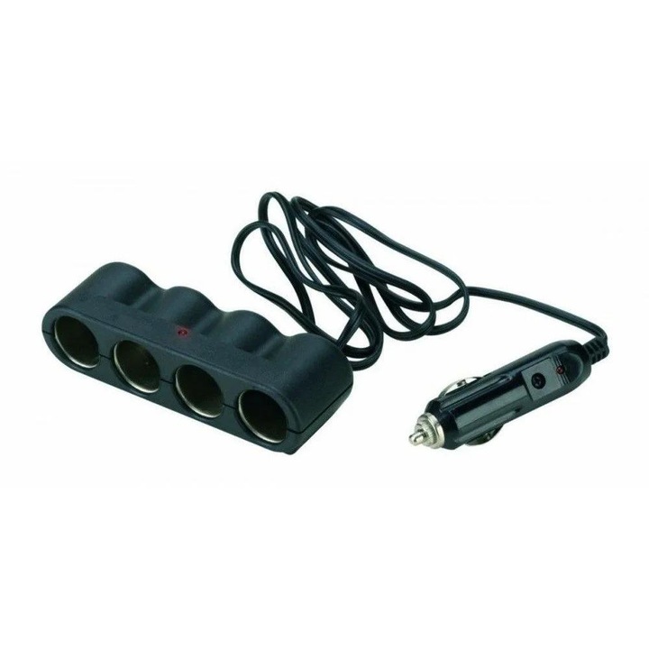 Adaptor auto cu prelungitor Bottari Four Sockets 30071BT, 4 ieșiri prize brichetă, alimentare 12/24V, negru