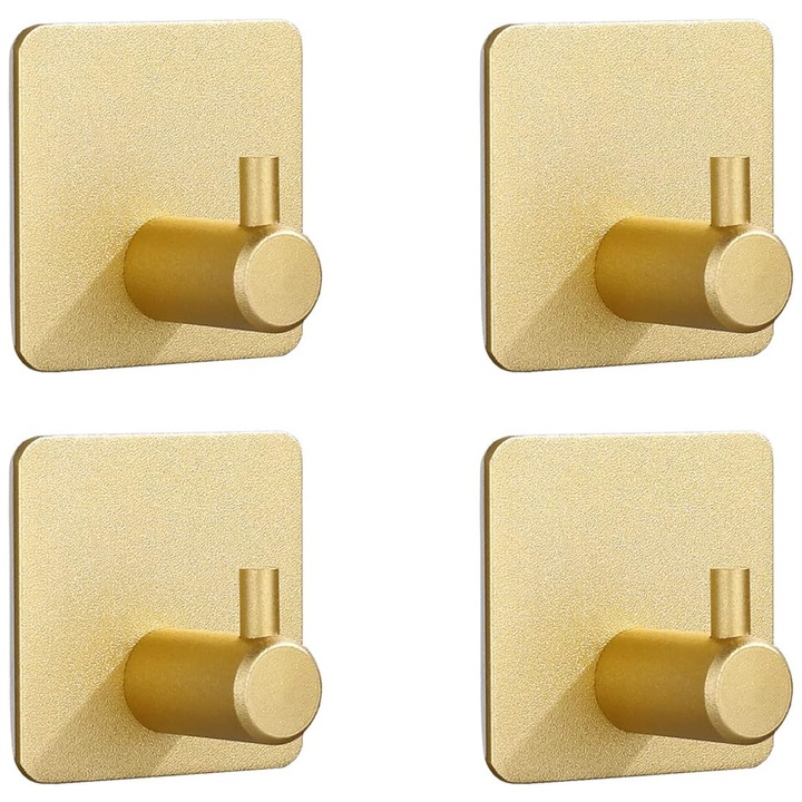 Set 4 Carlige tip cuier baie pentru prosop AYSTOAYS®, Autoadeziv, Usoara fara Gaurire, potrivit pentru bucatarie, baie, balcon, Auriu