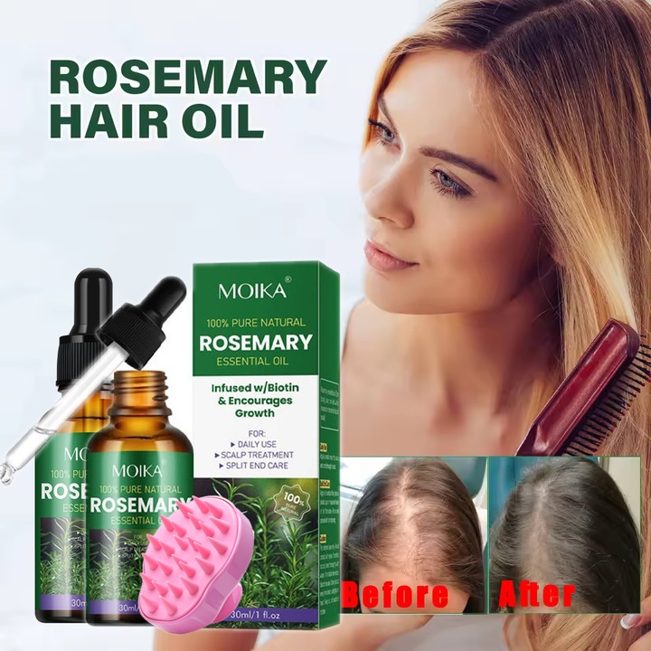 Ulei esential de rozmarin 100% pur si natural, pentru par dens, repara deteriorarea parului, previne caderea parului, inmoaie parul, intareste radacinile parului, pachet de 2, cu pieptene de masaj