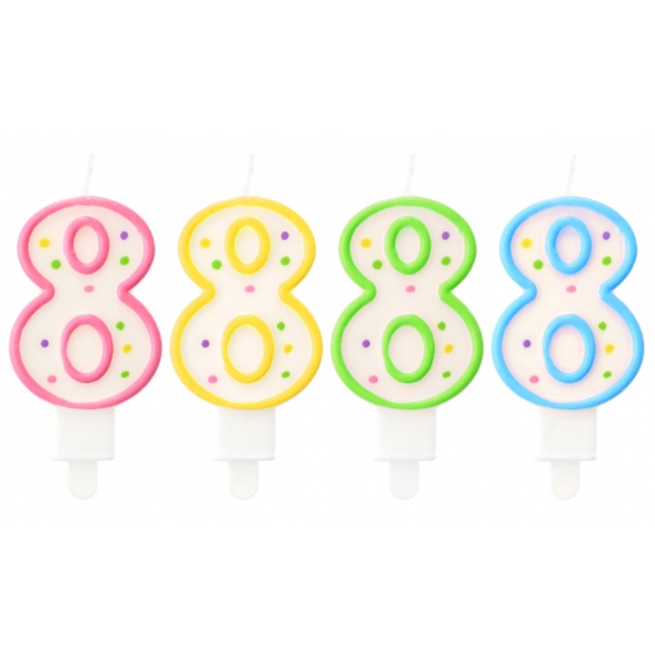 Комплект от 1 свещ фигура "8" с точки, Годан, жълто, розово, синьо, зелено, 7.5x9см