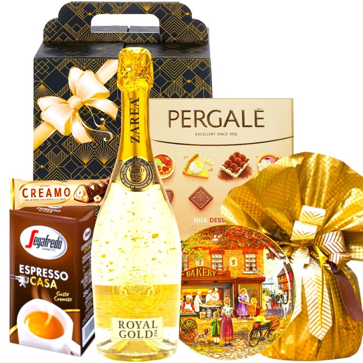 Pachet cadou elegant Royal Surprise cu Zarea Royal Gold cu aur 23K, panettone, cafea Segafredo, praline, fursecuri daneze in cutie metalica, ambalaj festiv - cadou Craciun, aniversare, onomastica, familie, femei, barbati, corporate – by CADOURI RAFINATE®