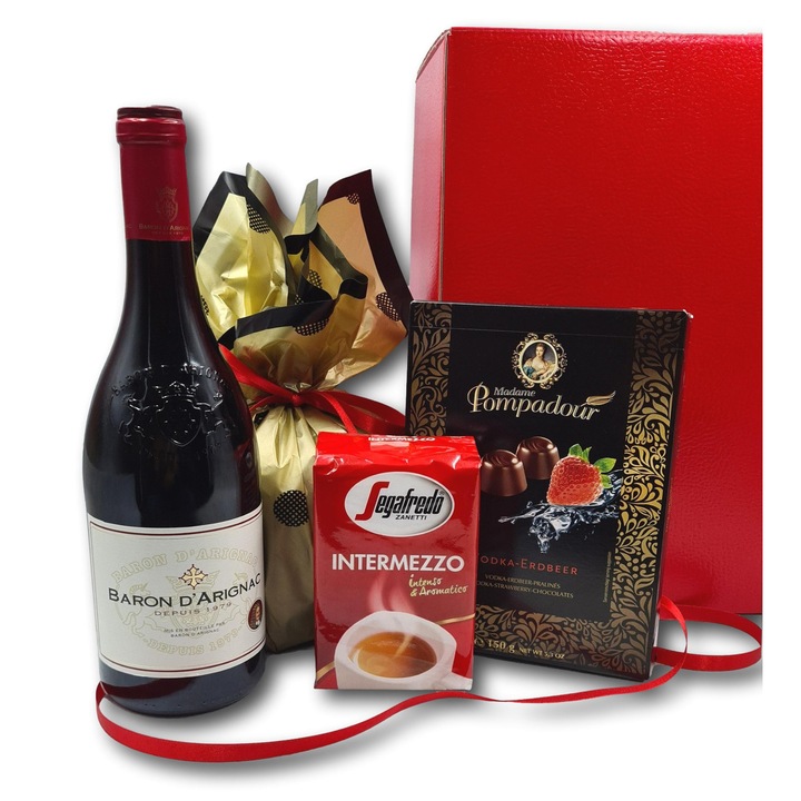 Pachet cadou de sarbatoare, CADOURI PREMIUM®, model Red Gift, cu vin rosu frantuzesc Baron D'Arignac, cafea Segafredo Italia, panettone si surprize dulci, potrivit pentru orice ocazie