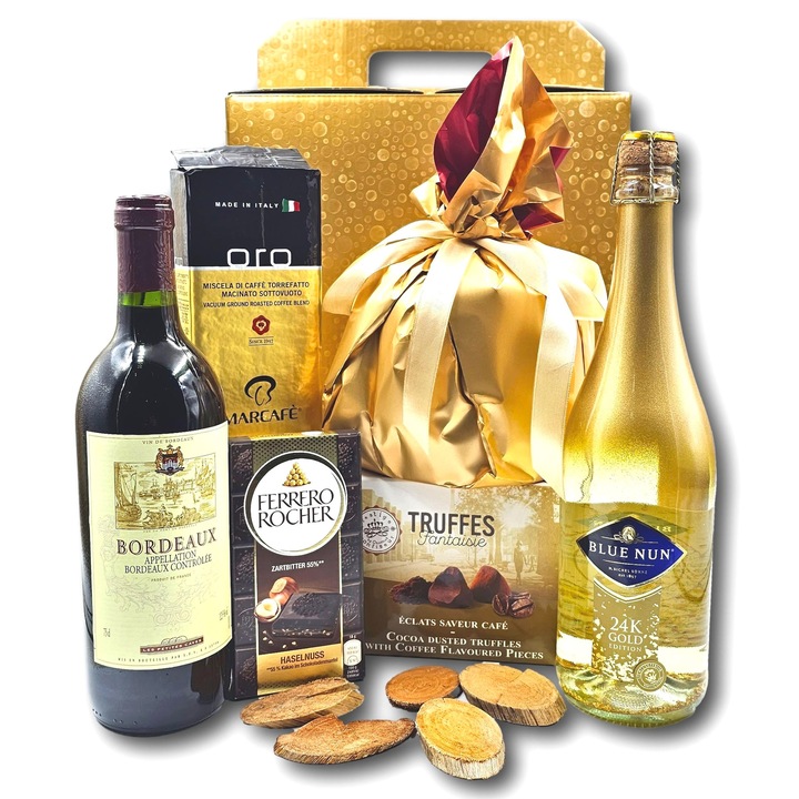 Pachet cadou special, CADOURI PREMIUM®, model Gold Elegance, cu vin rosu de Bordeaux, spumant Blue Nun infuzat cu aur 24k, cafea din Italia si multe specialitati dulci, pentru clipe unice alaturi de oameni dragi