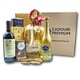 Pachet cadou special, CADOURI PREMIUM®, model Gold Elegance, cu vin rosu de Bordeaux, spumant Blue Nun infuzat cu aur 24k, cafea din Italia si multe specialitati dulci, pentru clipe unice alaturi de oameni dragi
