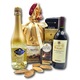 Pachet cadou special, CADOURI PREMIUM®, model Gold Elegance, cu vin rosu de Bordeaux, spumant Blue Nun infuzat cu aur 24k, cafea din Italia si multe specialitati dulci, pentru clipe unice alaturi de oameni dragi