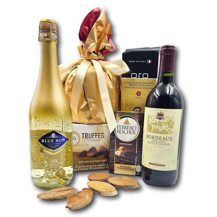 Pachet cadou special, CADOURI PREMIUM®, model Gold Elegance, cu vin rosu de Bordeaux, spumant Blue Nun infuzat cu aur 24k, cafea din Italia si multe specialitati dulci, pentru clipe unice alaturi de oameni dragi