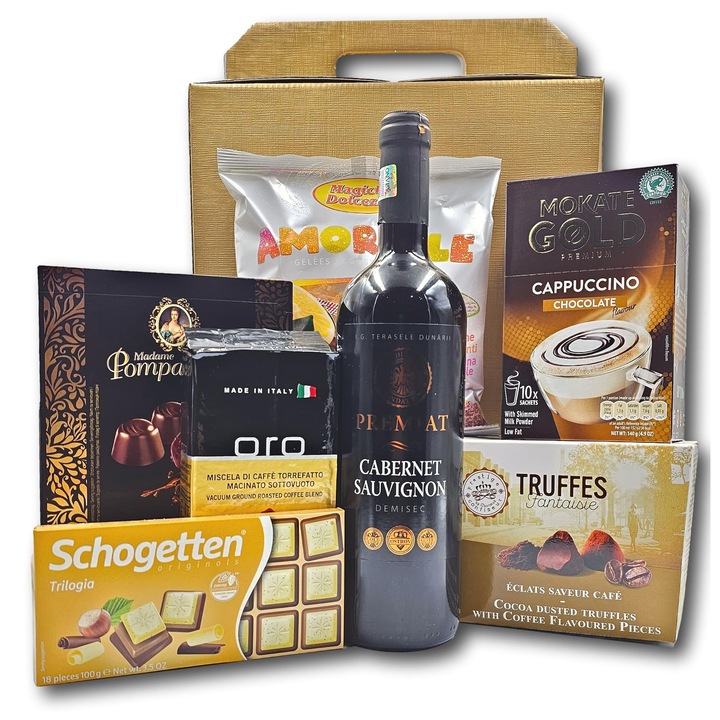 Pachet cadou de sarbatoare, CADOURI PREMIUM®, model Assorted Gift, cu vin rosu Premiat, cafea din Italia si multe alte surprize special selectate pentru a aduce emotie si bucurie