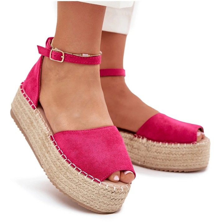Sandale dama, espadrile, platforma impletita, roz, piele ecologica