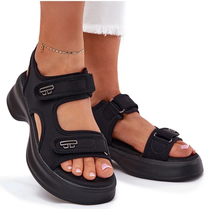 Sandale dama, negre, cu detalii aurii, textil, set de 5 marimi