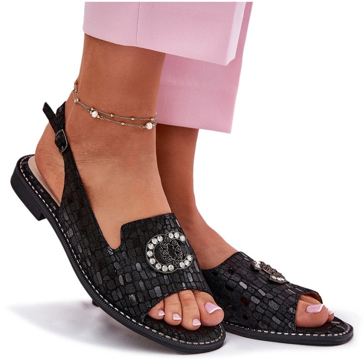 Sandale dama S.BARSKI, piele, toc plat, negru