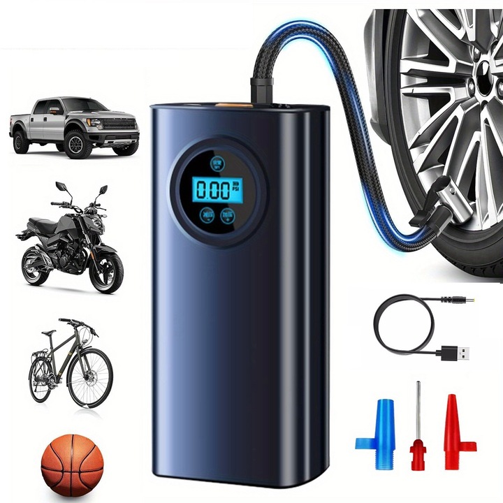 Pompa aer auto electrica fara fir, 150PSI, 7.4V, 1800mAh, compacta, negru