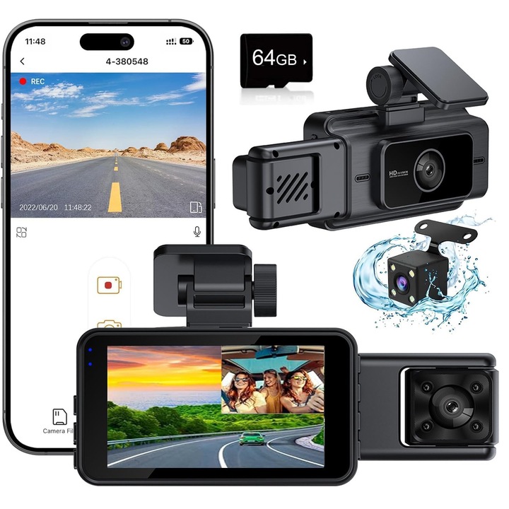 Camera video pentru bord fata si spate, XICENRM®, camera auto cu card de 64 GB, camera video pentru bord cu 3 canale pentru masini, senzor G, ecran IPS de 3”, parcare 24 ore, unghi larg de 170°, inregistrare in bucla, viziune nocturna IR
