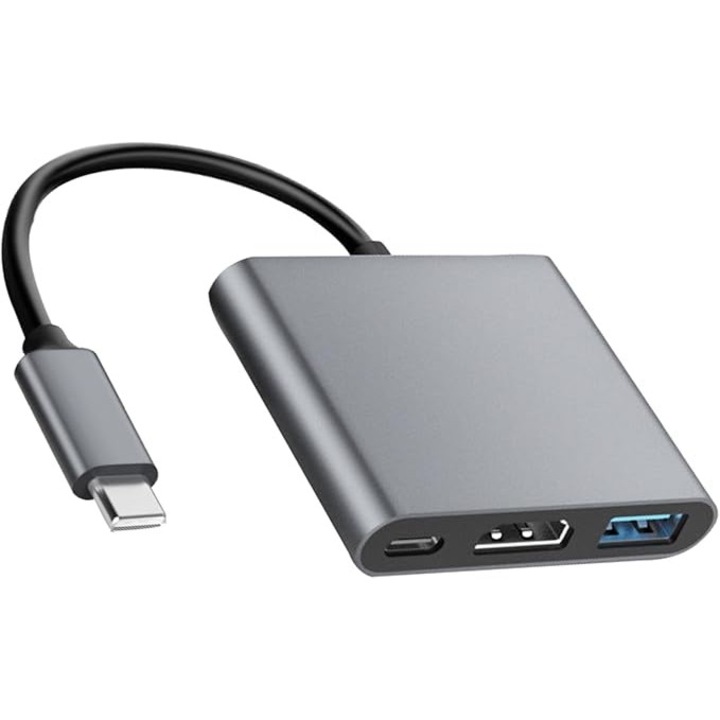 Adaptor USB-C 3 in 1, cu HDMI 4K + USB 3.0 + port de incarcare PD, compatibil cu MacBook, Switch, iPad Pro, iPhone 15, Samsung Galaxy S8/S9
