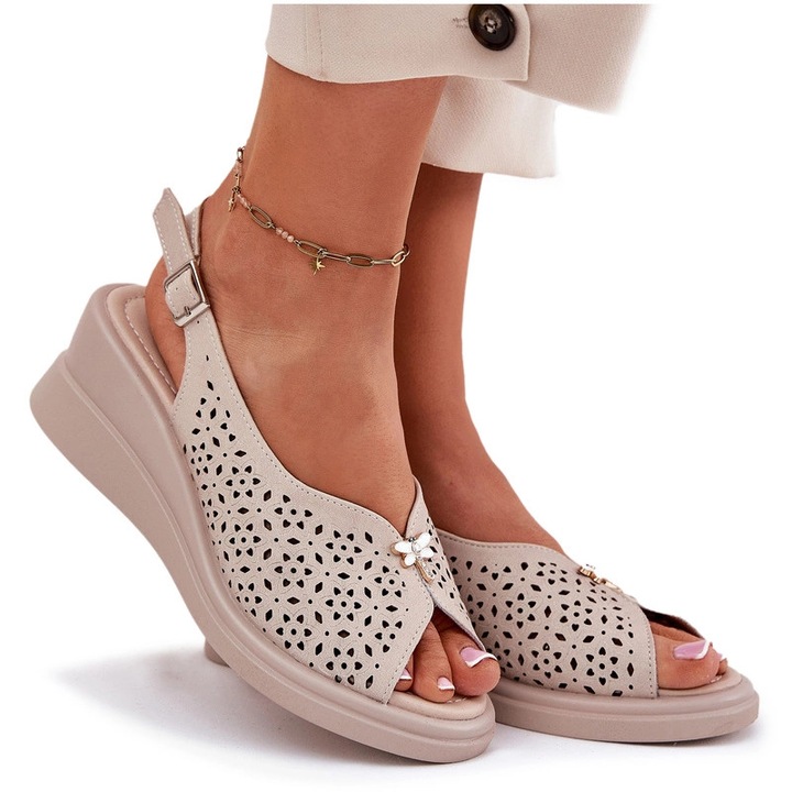 Sandale dama, piele naturala, platforma, dantela, bej