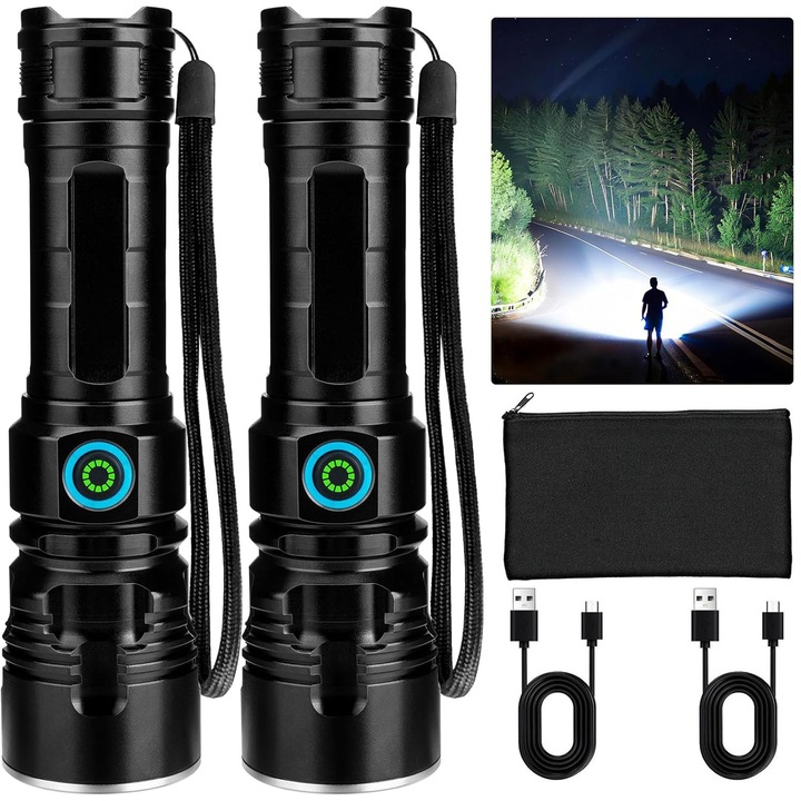 Акумулаторни фенери 10000 лумена - пакет от 2, FomoX, мощен LED фенер с 12 часа работа, множество режими на осветление, супер ярък и IPX5 за къмпинг, дом, аварийни ситуации, Акумулаторен LED фенер