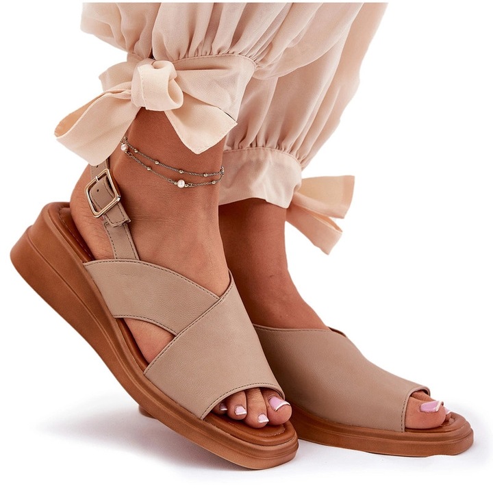 Sandale dama, bej, piele ecologica, toc plat, catarama ajustabila