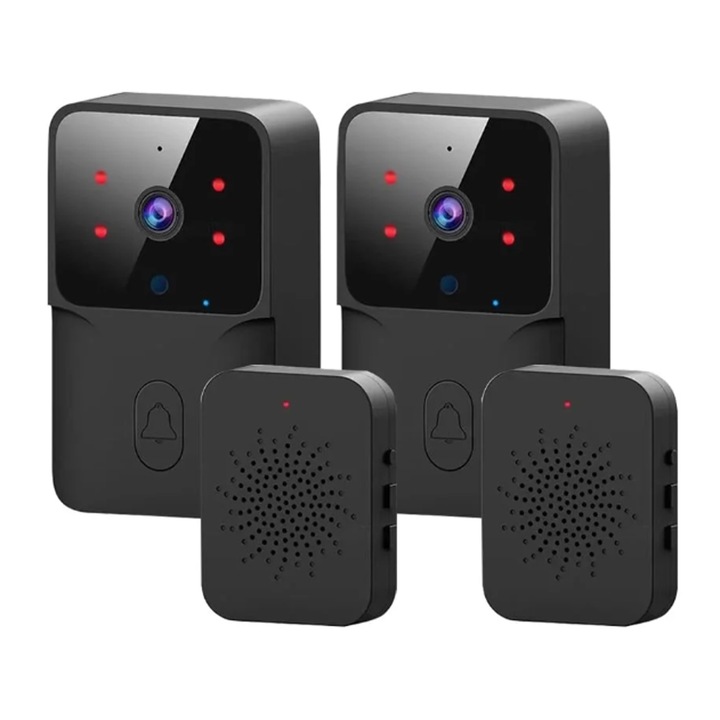 Set 2 Sonerie video wireless，viziune nocturna，Acumulator incorporat，Microfon bidirectional，Rezolutie video HD 720p, ，Wi-Fi 2.4G，Comunicare bidirectionala, Negru