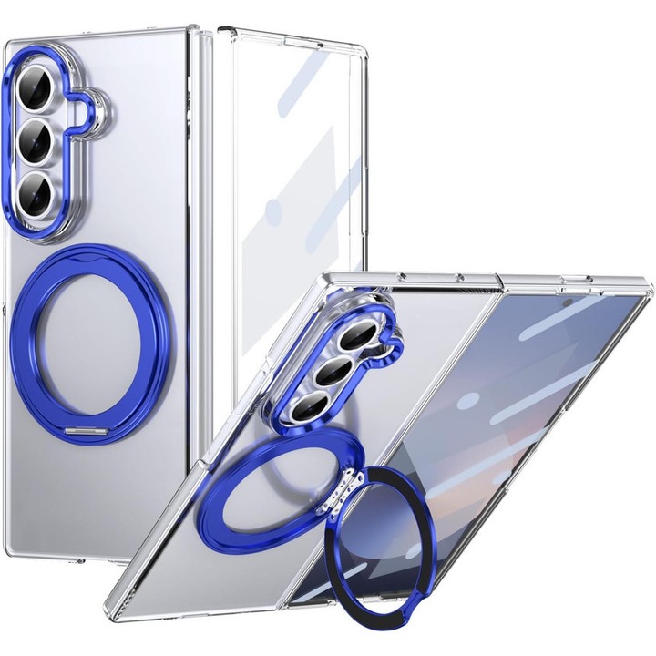 Husa Transparenta, Compatibila cu Samsung Galaxy Z Fold 7, Esther Beauty®, cu Magnet Integrat si Suport Metalic Reglabil si Folie de protectie pentru ecran, Protectie 360°, Albastru