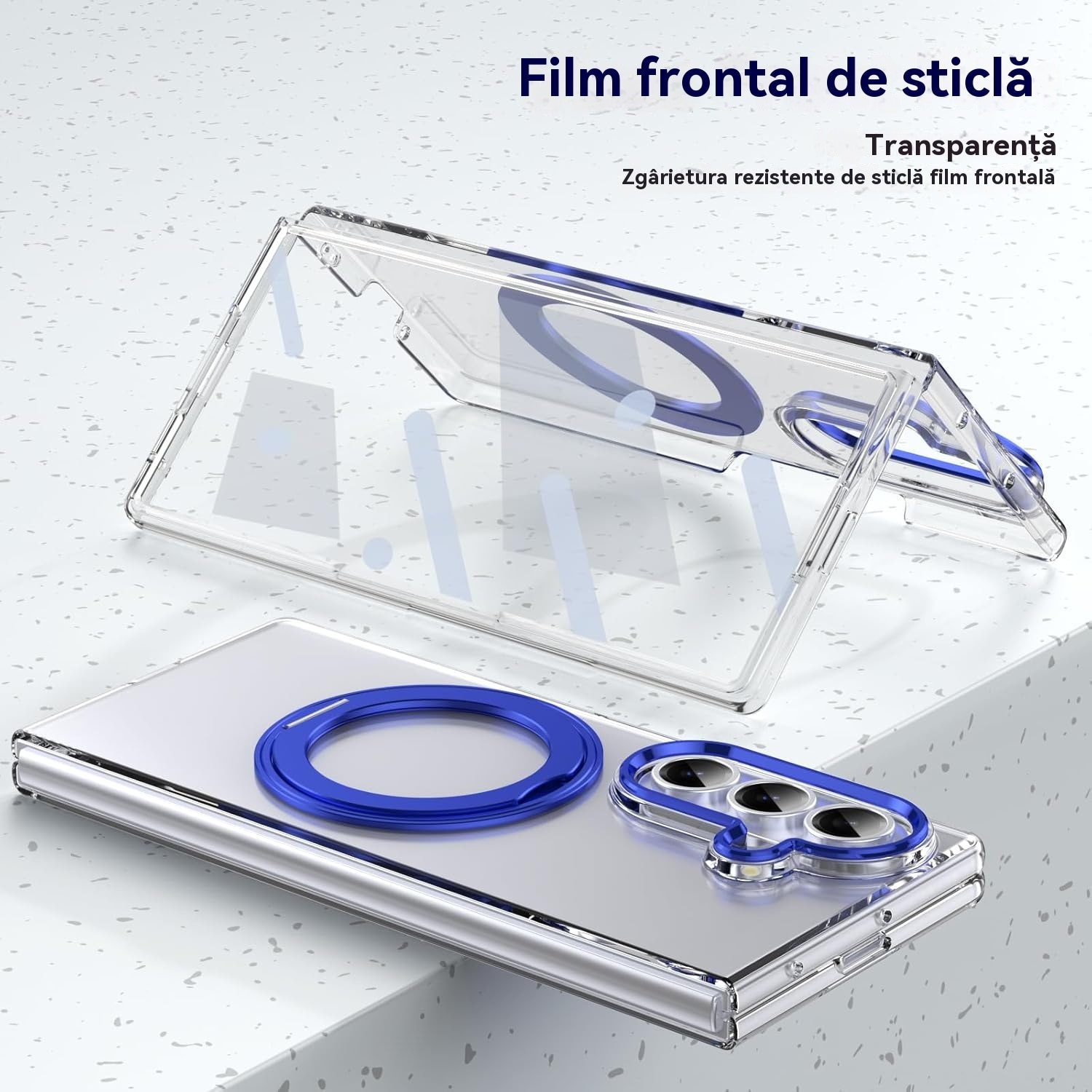 Husa Transparenta, Compatibila cu Samsung Galaxy Z Fold 7, Esther Beauty®, cu Magnet Integrat si Suport Metalic Reglabil si Folie de protectie pentru ecran, Protectie 360°, Albastru