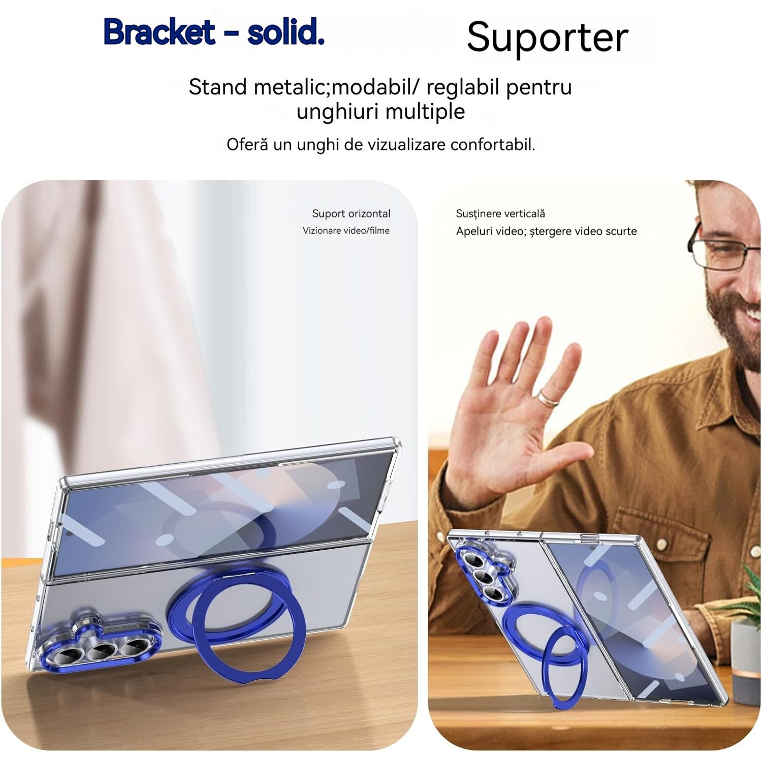 Husa Transparenta, Compatibila cu Samsung Galaxy Z Fold 7, Esther Beauty®, cu Magnet Integrat si Suport Metalic Reglabil si Folie de protectie pentru ecran, Protectie 360°, Albastru