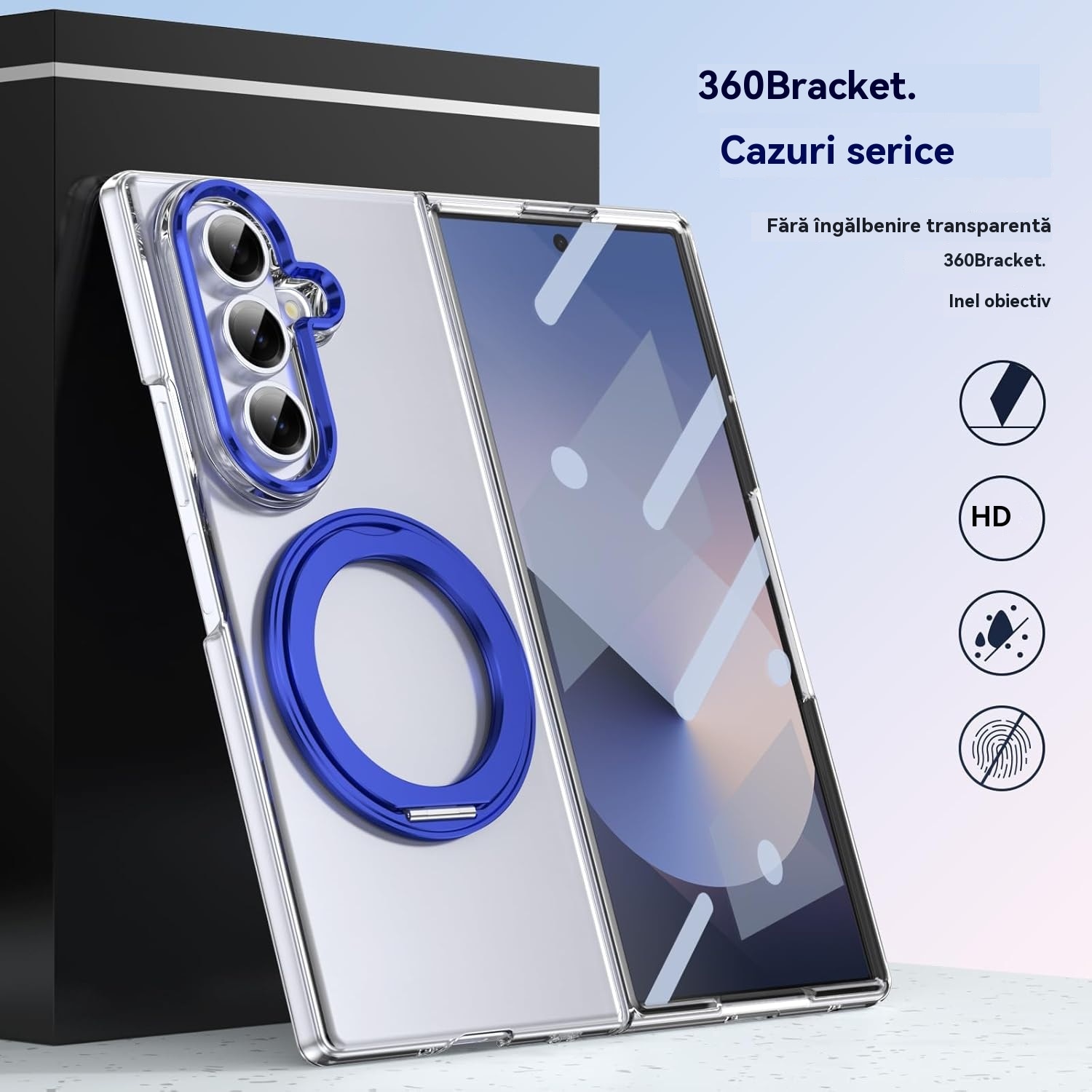 Husa Transparenta, Compatibila cu Samsung Galaxy Z Fold 7, Esther Beauty®, cu Magnet Integrat si Suport Metalic Reglabil si Folie de protectie pentru ecran, Protectie 360°, Albastru