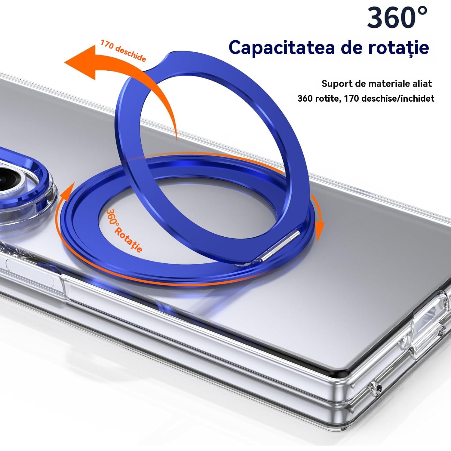 Husa Transparenta, Compatibila cu Samsung Galaxy Z Fold 7, Esther Beauty®, cu Magnet Integrat si Suport Metalic Reglabil si Folie de protectie pentru ecran, Protectie 360°, Albastru